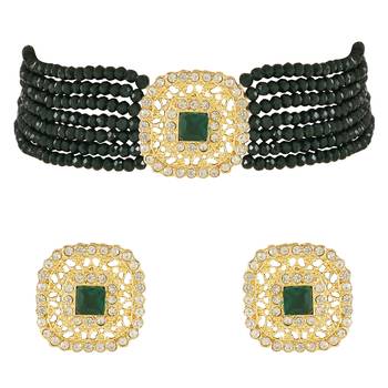 Traditional Kundan Handcrafted Onyx Pearl Choker Necklace Jewellery With Earrings Set For Women/Girls  1