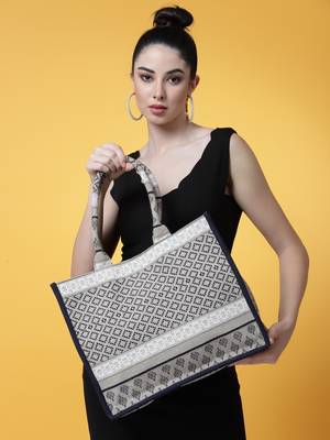 Tribal Beige & Black Diamond Jacquard Cotton Canvas Handheld Bag 1