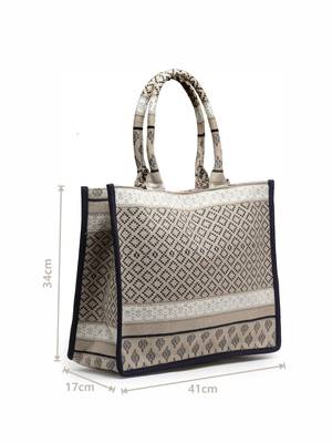 Tribal Beige & Black Diamond Jacquard Cotton Canvas Handheld Bag 4