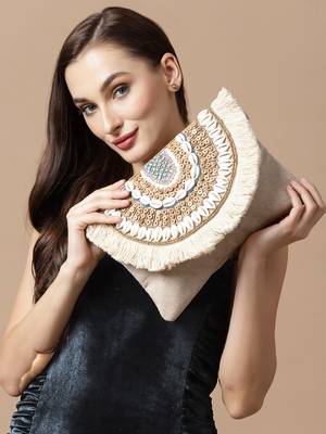 Boho Nude & Brown Seashell Embellished Cotton Canvas Sling Bag 1