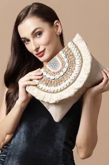 Boho Nude & Brown Seashell Embellished Cotton Canvas Sling Bag