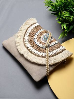Boho Nude & Brown Seashell Embellished Cotton Canvas Sling Bag 2