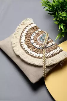 Boho Nude & Brown Seashell Embellished Cotton Canvas Sling Bag
