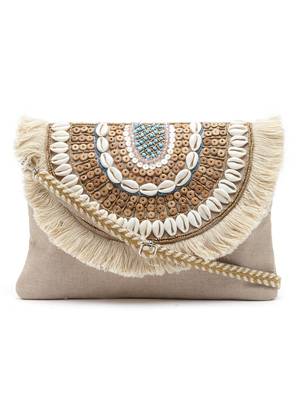 Boho Nude & Brown Seashell Embellished Cotton Canvas Sling Bag 3