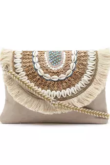 Boho Nude & Brown Seashell Embellished Cotton Canvas Sling Bag
