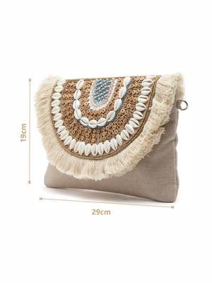 Boho Nude & Brown Seashell Embellished Cotton Canvas Sling Bag 4