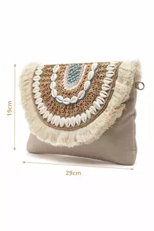 Boho Nude & Brown Seashell Embellished Cotton Canvas Sling Bag