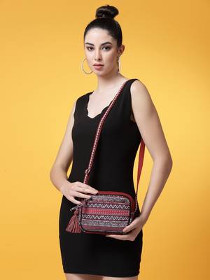 Rangoli Wine & Multi Ethnic Motifs Printed Cotton Canvas Sling Bag 1