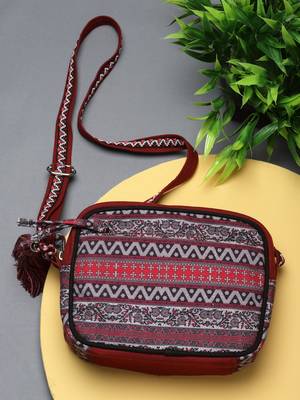 Rangoli Wine & Multi Ethnic Motifs Printed Cotton Canvas Sling Bag 2