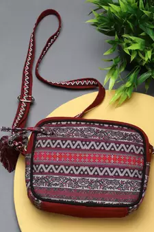 Rangoli Wine & Multi Ethnic Motifs Printed Cotton Canvas Sling Bag