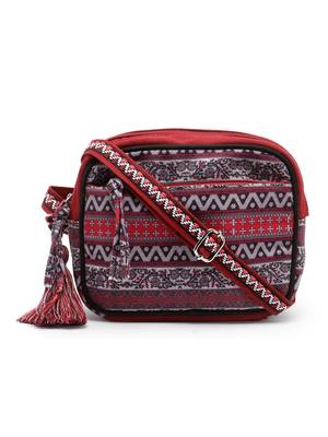 Rangoli Wine & Multi Ethnic Motifs Printed Cotton Canvas Sling Bag 3