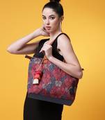 Rangoli Navy Blue & Multi Leaf Motif Printed Cotton Canvas Tote Bag