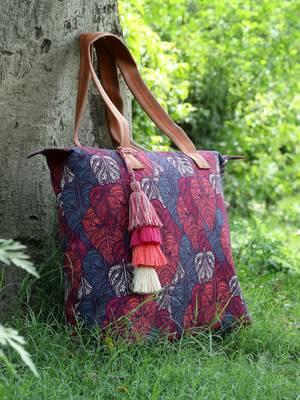 Rangoli Navy Blue & Multi Leaf Motif Printed Cotton Canvas Tote Bag 2