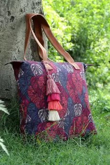Rangoli Navy Blue & Multi Leaf Motif Printed Cotton Canvas Tote Bag