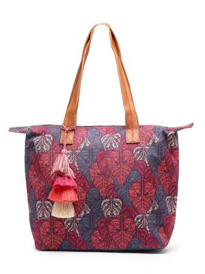Rangoli Navy Blue & Multi Leaf Motif Printed Cotton Canvas Tote Bag 3