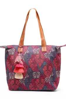 Rangoli Navy Blue & Multi Leaf Motif Printed Cotton Canvas Tote Bag
