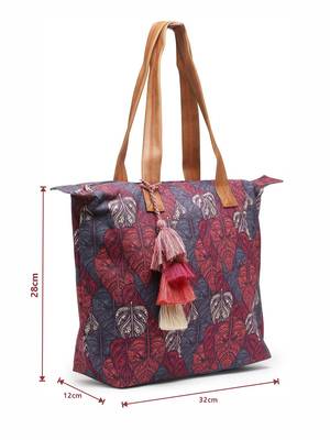 Rangoli Navy Blue & Multi Leaf Motif Printed Cotton Canvas Tote Bag 4