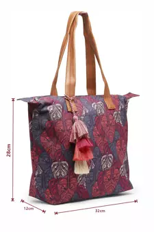 Rangoli Navy Blue & Multi Leaf Motif Printed Cotton Canvas Tote Bag