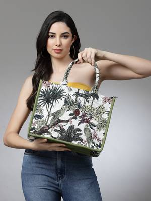 Jungle Olive Green & Multi Tropical Jacquard Cotton Canvas Handheld Bag 1