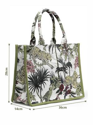 Jungle Olive Green & Multi Tropical Jacquard Cotton Canvas Handheld Bag 4
