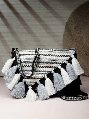 Geomat Black & Silver Striped Jacquard Cotton Canvas Sling Bag 1