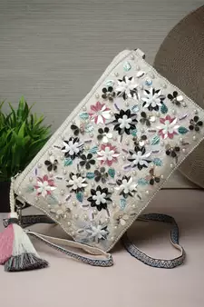 Boho Natural & Multi Floral Embellished Polycotton Sling Bag