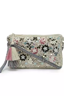 Boho Natural & Multi Floral Embellished Polycotton Sling Bag