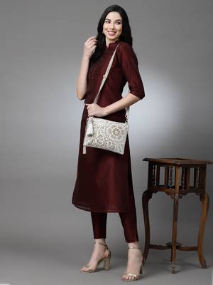 Ghoomar Natural & Gold Floral Embellished Cotton Canvas Sling Bag 1