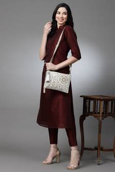 Ghoomar Natural & Gold Floral Embellished Cotton Canvas Sling Bag