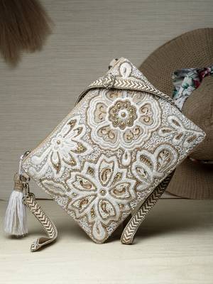 Ghoomar Natural & Gold Floral Embellished Cotton Canvas Sling Bag 2