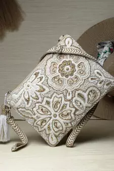 Ghoomar Natural & Gold Floral Embellished Cotton Canvas Sling Bag