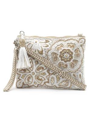 Ghoomar Natural & Gold Floral Embellished Cotton Canvas Sling Bag 3