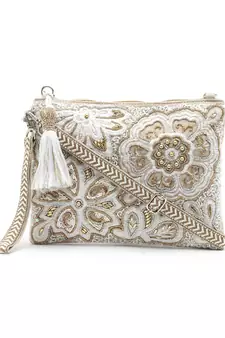 Ghoomar Natural & Gold Floral Embellished Cotton Canvas Sling Bag
