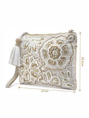 Ghoomar Natural & Gold Floral Embellished Cotton Canvas Sling Bag 4