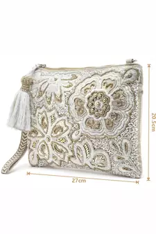 Ghoomar Natural & Gold Floral Embellished Cotton Canvas Sling Bag