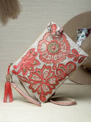 Ghoomar Coral & Gold Floral Embellished Cotton Canvas Sling Bag 1
