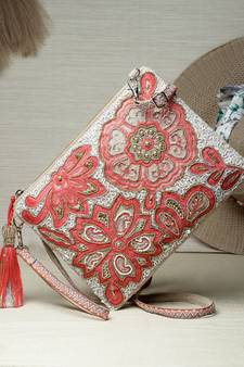 Ghoomar Coral & Gold Floral Embellished Cotton Canvas Sling Bag