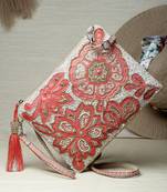 Ghoomar Coral & Gold Floral Embellished Cotton Canvas Sling Bag