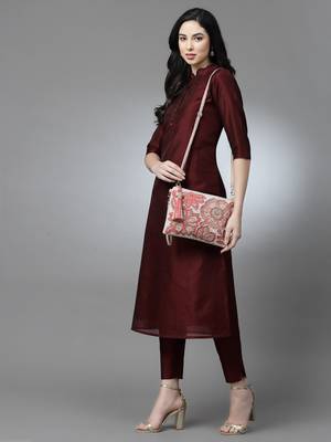 Ghoomar Coral & Gold Floral Embellished Cotton Canvas Sling Bag 2