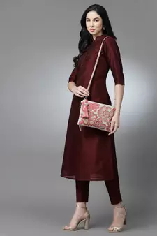 Ghoomar Coral & Gold Floral Embellished Cotton Canvas Sling Bag