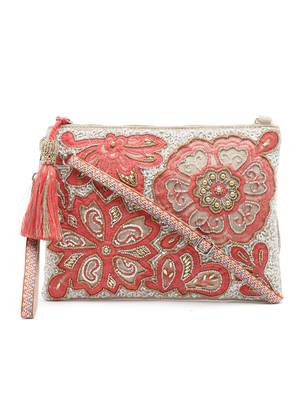 Ghoomar Coral & Gold Floral Embellished Cotton Canvas Sling Bag 3