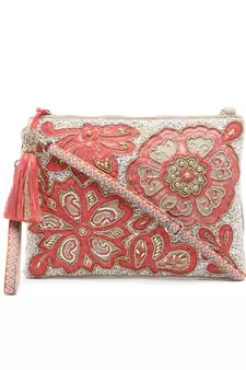 Ghoomar Coral & Gold Floral Embellished Cotton Canvas Sling Bag