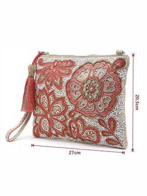 Ghoomar Coral & Gold Floral Embellished Cotton Canvas Sling Bag 4