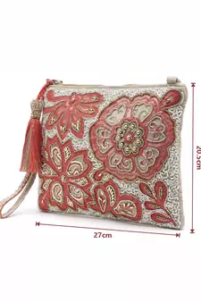 Ghoomar Coral & Gold Floral Embellished Cotton Canvas Sling Bag