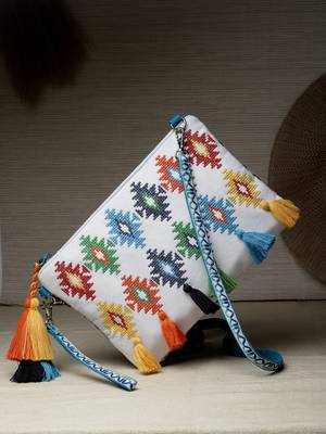 Boho White & Multi Aztec Embroidered Cotton Canvas Sling Bag 1