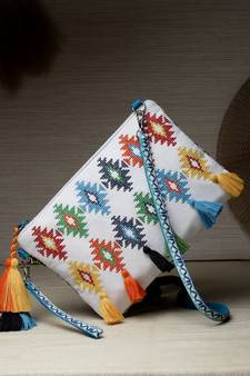 Boho White & Multi Aztec Embroidered Cotton Canvas Sling Bag