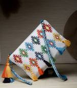 Boho White & Multi Aztec Embroidered Cotton Canvas Sling Bag