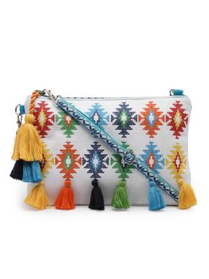 Boho White & Multi Aztec Embroidered Cotton Canvas Sling Bag 3