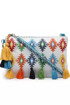 Boho White & Multi Aztec Embroidered Cotton Canvas Sling Bag