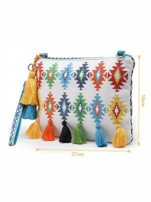 Boho White & Multi Aztec Embroidered Cotton Canvas Sling Bag 4